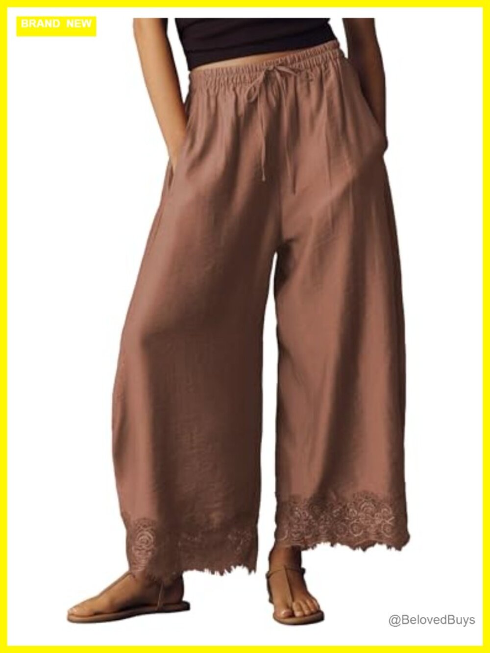 Womens Cropped Lace Hem Wide Leg Pants High Waisted Beach Trousers